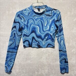 Shein Shirt Womens Small Blue Swirl Print Long Sleeve Mock Neck Crop Top